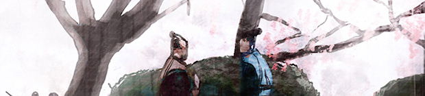 Samurai talking in front of a plum tree grove